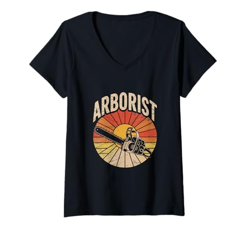 Damen Retro Sunset Chainsaw Arboriculture Baumpfleger T-Shirt mit V-Ausschnitt Damen Retro Sunset Chainsaw Arboriculture Baumpfleger T-Shirt mit V-Ausschnitt von Arborist Tree Climbing Expert