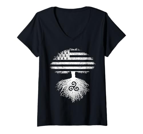 Damen Baum Flagge Emblem Bretagne Gwenn ha Du Triskele Bretagne T-Shirt mit V-Ausschnitt von Arbre Drapeau Bretagne Gwenn ha Du Triskèle Breton