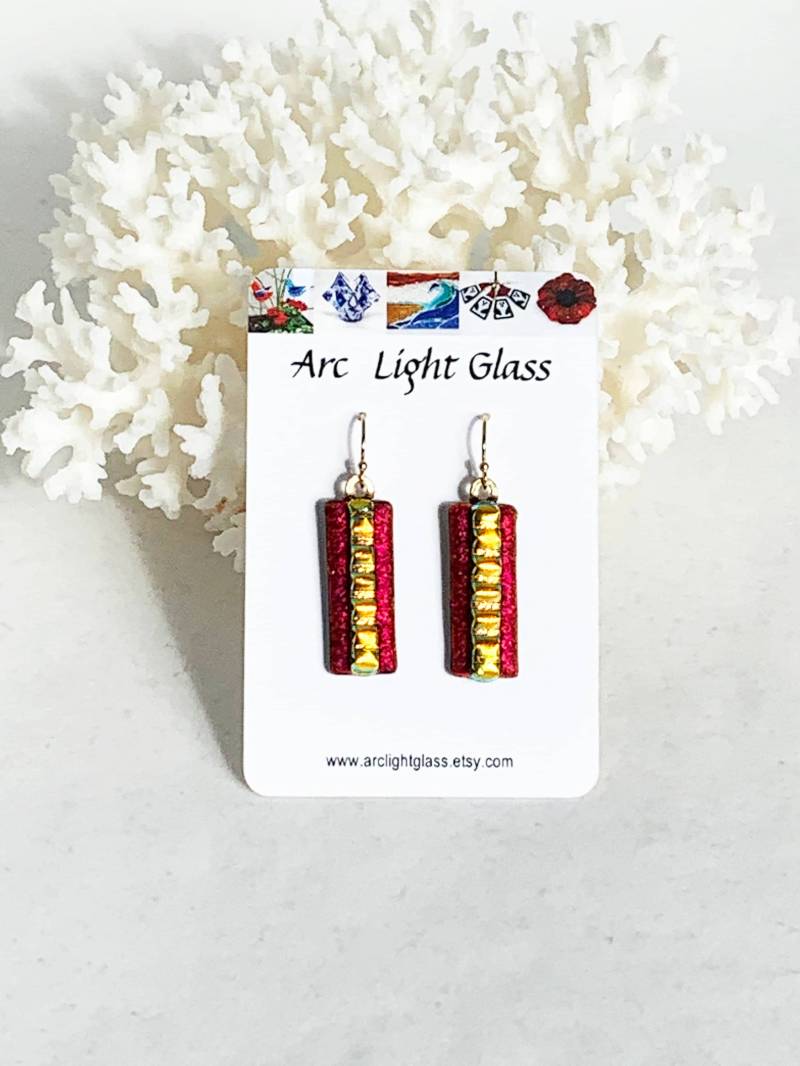 Ohrringe - Rotes Und Goldenes Dichroic Fusing Glas Ohrringe - Rotes Und Goldenes Dichroic Fusing Glas von ArcLightGlass