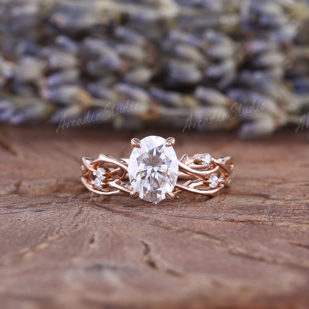 1.5Ct Moissanite Verlobungsring Set Einzigartige Diamant Rebe Ring Rose Gold Vintage Zweig Blatt Handgemachte von ArcadiastudioUS