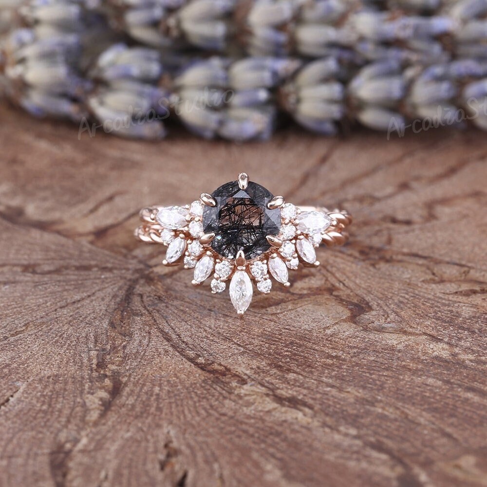 Einzigartige Schwarze Rutilquarz Verlobungsring Set Rose Gold Moissanite Cluster Braut Salz Pfeffer Kristall Ringe Twisted Ehering von ArcadiastudioUS