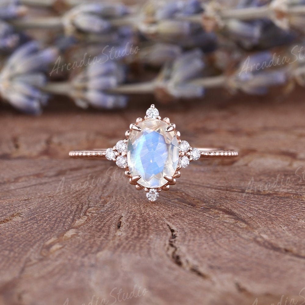 Ovale Geschnitten Mondstein Verlobungsring Rose Gold Moissanite Ehering Vintage Blau Braut Ring Frauen Handgemachte Versprechen von ArcadiastudioUS