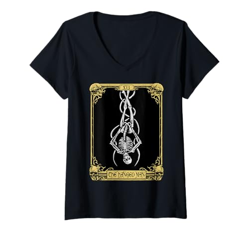Damen Mystic Skelett Tarotkarte - Der Gehängte Mann T-Shirt mit V-Ausschnitt Damen Mystic Skelett Tarotkarte - Der Gehängte Mann T-Shirt mit V-Ausschnitt von Arcane Gothic Apparel