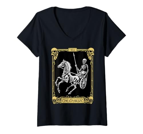 Damen Mystic Skelett Tarotkarte - Der Streitwagen T-Shirt mit V-Ausschnitt Damen Mystic Skelett Tarotkarte - Der Streitwagen T-Shirt mit V-Ausschnitt von Arcane Gothic Apparel
