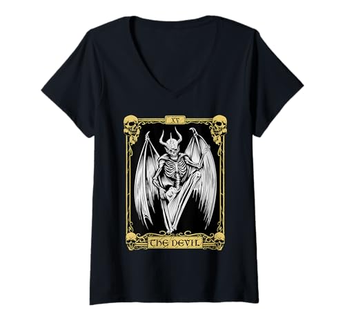 Damen Mystic Skelett Tarotkarte - Der Teufel T-Shirt mit V-Ausschnitt Damen Mystic Skelett Tarotkarte - Der Teufel T-Shirt mit V-Ausschnitt von Arcane Gothic Apparel