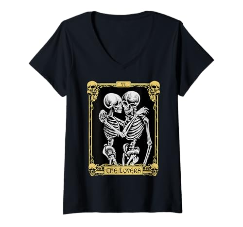 Damen Mystic Skelett Tarotkarte - Die Liebhaber T-Shirt mit V-Ausschnitt von Arcane Gothic Apparel