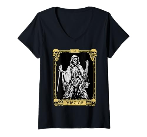 Damen Mystic Skelett Tarotkarte - Gerechtigkeit T-Shirt mit V-Ausschnitt Damen Mystic Skelett Tarotkarte - Gerechtigkeit T-Shirt mit V-Ausschnitt von Arcane Gothic Apparel