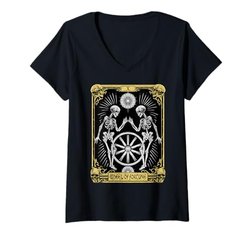 Damen Mystic Skelett Tarotkarte - Glücksrad T-Shirt mit V-Ausschnitt von Arcane Gothic Apparel