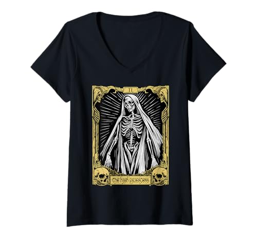 Damen Mystisches Skelett Tarotkarte - Die Hohepriesterin T-Shirt mit V-Ausschnitt Damen Mystisches Skelett Tarotkarte - Die Hohepriesterin T-Shirt mit V-Ausschnitt von Arcane Gothic Apparel