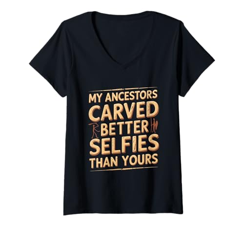 Damen Petroglyphe Petroglyphen Piktogramme Craved Selfies T-Shirt mit V-Ausschnitt von Archäologie Archäologie Höhlenmalerei