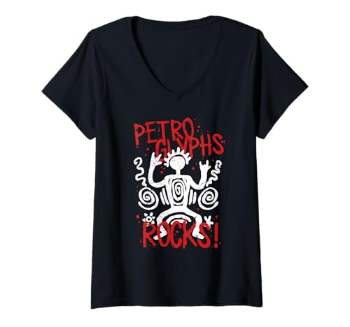 Damen Petroglyphe Petroglyphen Piktogramme T-Shirt mit V-Ausschnitt von Archäologie Archäologie Höhlenmalerei