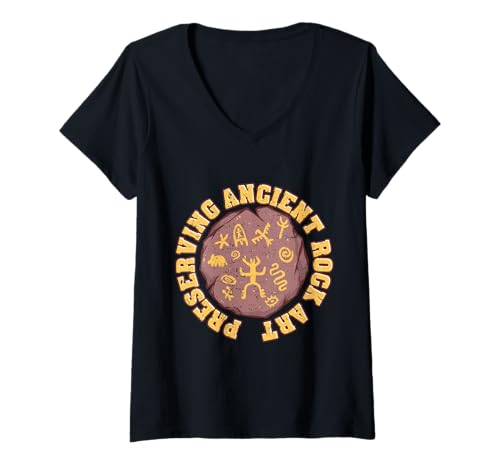 Damen Petroglyphe Petroglyphen Piktogramme T-Shirt mit V-Ausschnitt von Archäologie Archäologie Höhlenmalerei