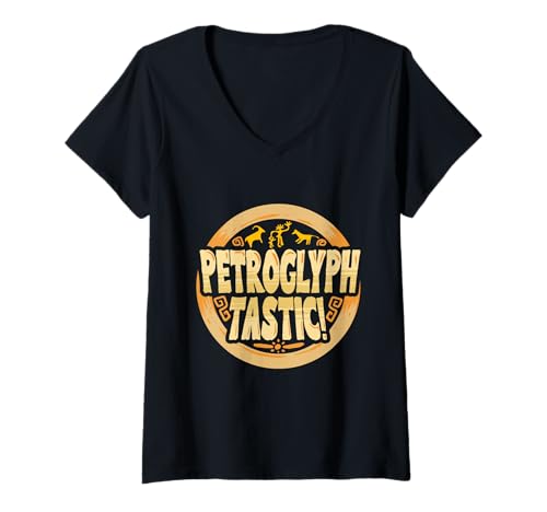 Damen Petroglyphe Petroglyphen Piktogramme T-Shirt mit V-Ausschnitt von Archäologie Archäologie Höhlenmalerei