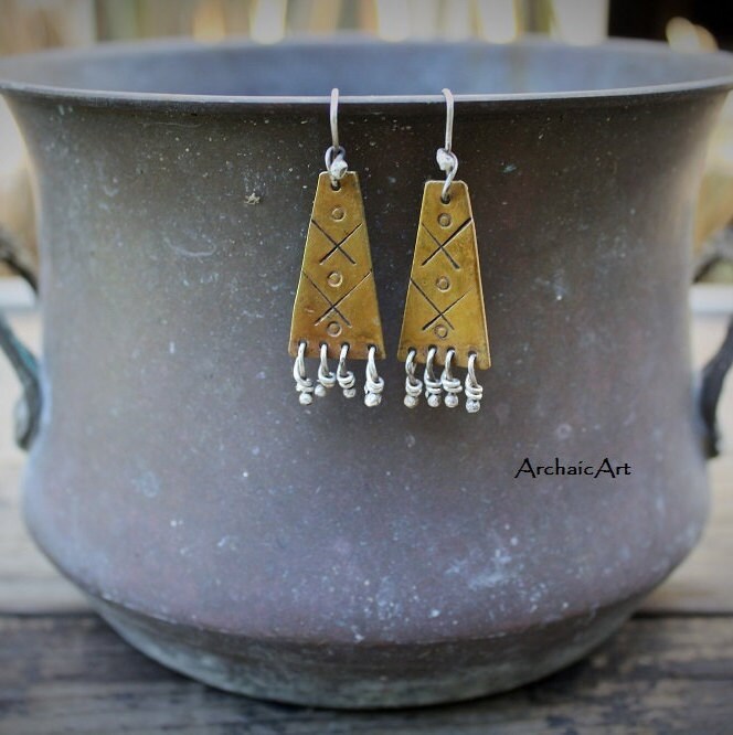 Messing Ohrringe Hand Gestempelt Silber Baumelt Rustikale Stammes Boho von ArchaicArt
