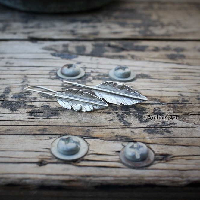 Silber Feder/Blatt Ohrringe Wald Fee Boho Natur Elf Hippiechic Stil Design 925 von ArchaicArt