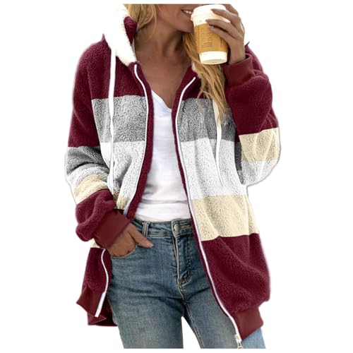 Archedeer Fleecejacke Damen mit Kapuze Winter Warm Super Weich und bequem Flanell Kapuzenpullover Teddyjacke Sweatshirt Reißverschluss Langarm Oberteile Top Frauen Mantel Kapuzenjacke,02Wein,XXL von Archedeer
