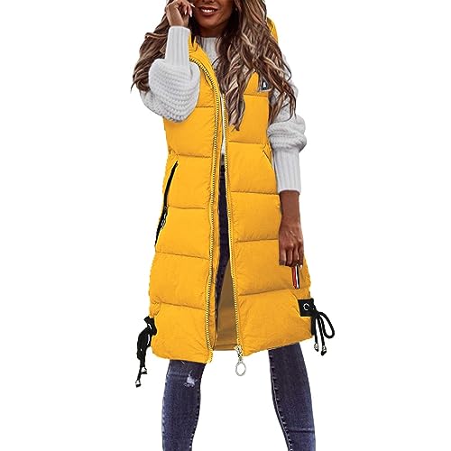 Archedeer Kapuzenweste Damen Steppweste ärmellos Longweste Große Größen Daunenweste Winterjacke Daunenjacke Fester Mantel mit Kapuze Lange Weste übergangsjacke Winterweste Mit Tasche (01-Yellow, M) von Archedeer