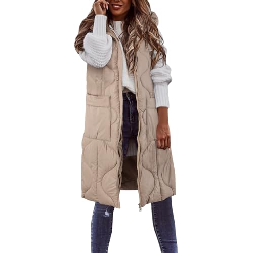 Archedeer Kapuzenweste Damen Steppweste ärmellos Longweste Große Größen Daunenweste Winterjacke Daunenjacke Fester Mantel mit Kapuze Lange Weste übergangsjacke Winterweste Mit Tasche (02B-Khaki, L) von Archedeer