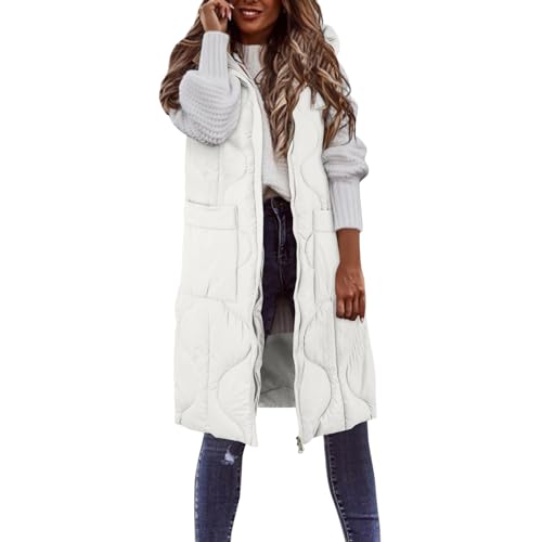 Archedeer Kapuzenweste Damen Steppweste ärmellos Longweste Große Größen Daunenweste Winterjacke Daunenjacke Fester Mantel mit Kapuze Lange Weste übergangsjacke Winterweste Mit Tasche (02B-White, XL) von Archedeer