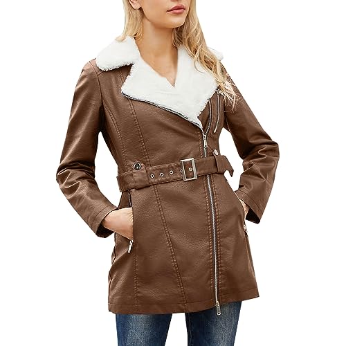 Archedeer Lederjacke Damen PU Herbst Und Winter Lange Ärmeln Plus Fleece Jacke Frauen Doppel Zipper Gürtel Gürtel Warme Jacke Damen Alpaka Mantel Motorrad Jacke von Archedeer