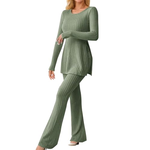 Archedeer Zweiteiler Damen Strick Trainingsanzug Sets Langarm Gerippt Strickpullover + Lange Schlaghose Freizeit Jogginganzug Lounge Set (02-C, M) von Archedeer