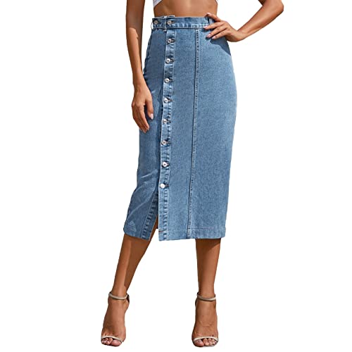 Damen Jeansrock mit Schlitz Knopf Midi Long Jeans Rock Hohe Taille Vintage Denim Röck High Waist Seitenschlitz Midirock Bleistiftrock mit Knöpfen (A1-Blue, M) von Archedeer