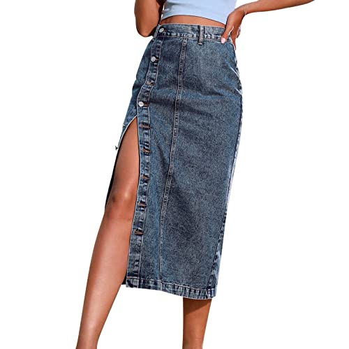 Damen Jeansrock mit Schlitz Knopf Midi Long Jeans Rock Hohe Taille Vintage Denim Röck High Waist Seitenschlitz Midirock Bleistiftrock mit Knöpfen (A1-Dark Blue, S) von Archedeer