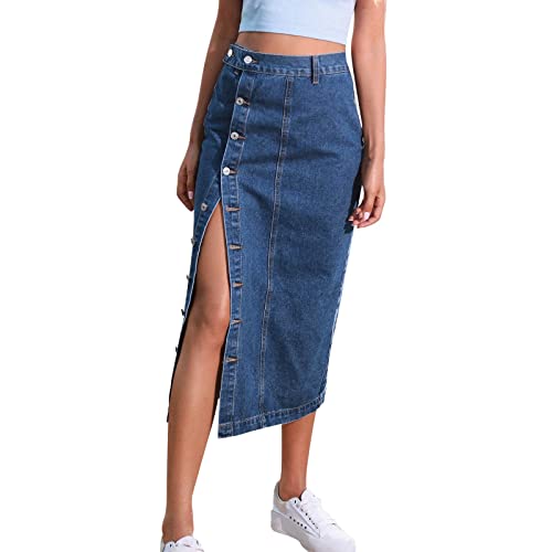 Damen Jeansrock mit Schlitz Knopf Midi Long Jeans Rock Hohe Taille Vintage Denim Röck High Waist Seitenschlitz Midirock Bleistiftrock mit Knöpfen (A1-Navy, M) von Archedeer