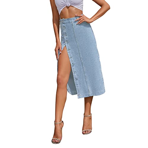 Damen Jeansrock mit Schlitz Knopf Midi Long Jeans Rock Hohe Taille Vintage Denim Röck High Waist Seitenschlitz Midirock Bleistiftrock mit Knöpfen (A5-Blue, L) von Archedeer