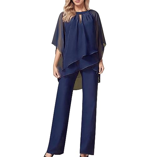 Archedeer Hosenanzug Damen Sommer Zweiteiler TüLl Abendanzug Sets Zweiteiler Chiffon Shirt Und Hohe Taille Hosenanzug Elegant Vintage 2-Teiliges Set Outfit Cocktail Party Festlich Hosenanzug von Archedeer