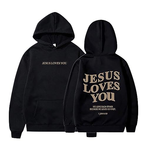 Jesus Loves You Grafik Damen Kapuzenpullover Oversize Training Hoodie Lässige Langarm Sweatshirts mit Kapuze Tasche Herbst Winter Pullover-Oberteile für Damen Pulli Tops (01-Black, S) von Archedeer