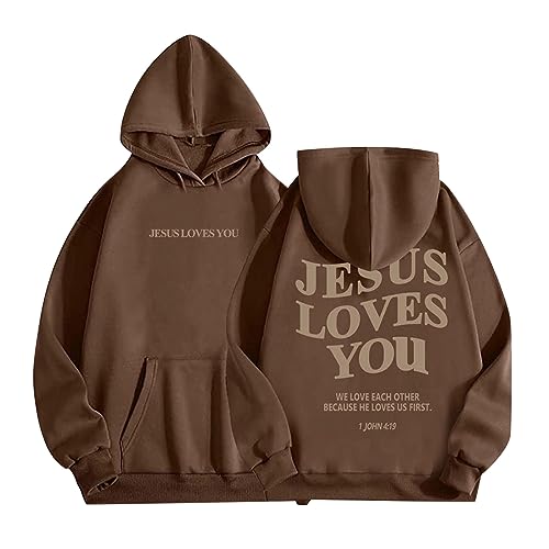 Jesus Loves You Grafik Damen Kapuzenpullover Oversize Training Hoodie Lässige Langarm Sweatshirts mit Kapuze Tasche Herbst Winter Pullover-Oberteile für Damen Pulli Tops (01-Brown, L) von Archedeer