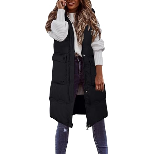 Kapuzenweste Damen Steppweste ärmellos Longweste Große Größen Daunenweste Winterjacke Daunenjacke Fester Mantel mit Kapuze Lange Weste übergangsjacke Winterweste Mit Tasche (02A-Black, XXXXL) von Archedeer