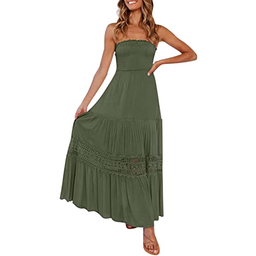 Maxikleid Damen Sommer Bandeau Kleid Lang Schulterfreies Sommerkleid Boho Strandkleid Partykleid Sexy TräGerlos Off Shoulder RüCkenfrei Spitzenbesatz Maxikleid Swing A Line Langes Kleider von Archedeer