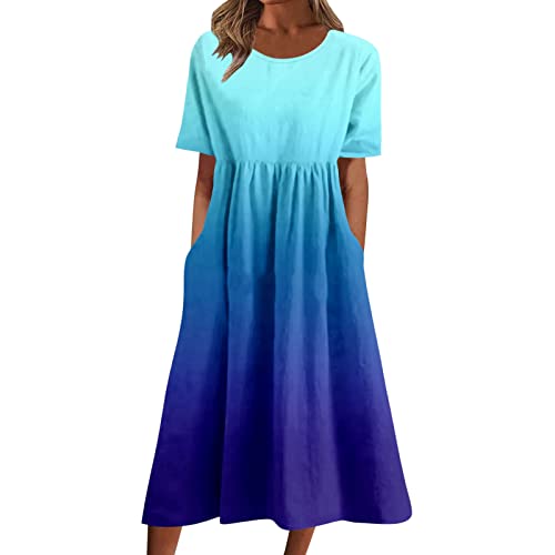 Strandkleid Damen Sommer Leinenkleid Rundhalsausschnitt Kurzarm Sommerkleid Damen Midi Leinenkleider Baumwolle Leinen Blusenkleid Casual Drucken Freizeitkleid Strandkleider Kleid A-Linie Kleid von Archedeer