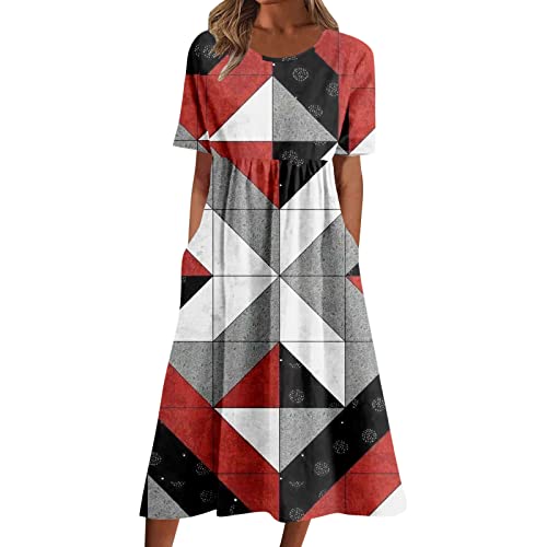 Strandkleid Damen Sommer Leinenkleid Rundhalsausschnitt Kurzarm Sommerkleid Damen Midi Leinenkleider Baumwolle Leinen Blusenkleid Casual Drucken Freizeitkleid Strandkleider Kleid A-Linie Kleid von Archedeer