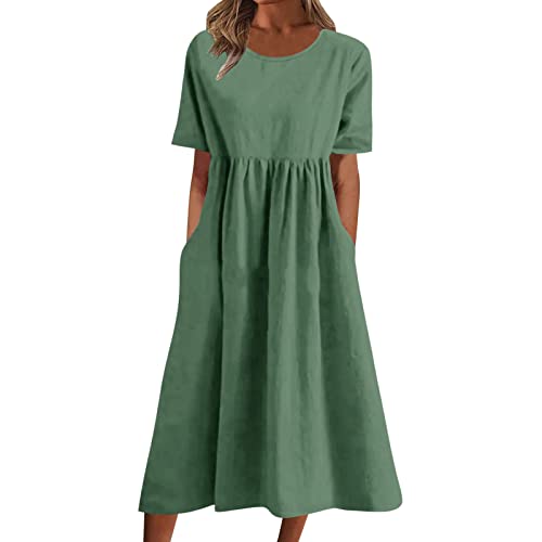 Strandkleid Damen Sommer Leinenkleid Rundhalsausschnitt Kurzarm Sommerkleid Damen Midi Leinenkleider Baumwolle Leinen Blusenkleid Casual Drucken Freizeitkleid Strandkleider Kleid A-Linie Kleid von Archedeer