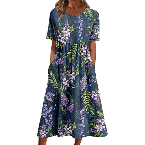 Strandkleid Damen Sommer Leinenkleid Rundhalsausschnitt Kurzarm Sommerkleid Damen Midi Leinenkleider Baumwolle Leinen Blusenkleid Casual Drucken Freizeitkleid Strandkleider Kleid A-Linie Kleid von Archedeer