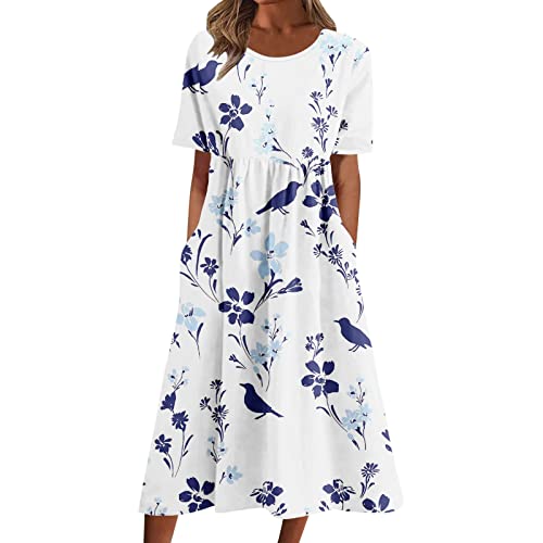 Strandkleid Damen Sommer Leinenkleid Rundhalsausschnitt Kurzarm Sommerkleid Damen Midi Leinenkleider Baumwolle Leinen Blusenkleid Casual Drucken Freizeitkleid Strandkleider Kleid A-Linie Kleid von Archedeer