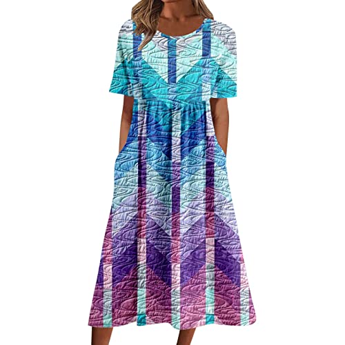 Strandkleid Damen Sommer Leinenkleid Rundhalsausschnitt Kurzarm Sommerkleid Damen Midi Leinenkleider Baumwolle Leinen Blusenkleid Casual Drucken Freizeitkleid Strandkleider Kleid A-Linie Kleid von Archedeer