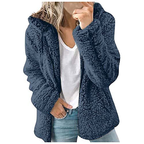 Teddy Fleecejacke Damen mit Kapuze Winter Warm Super Weich und bequem Flanell Kapuzenpullover Teddyjacke Sweatshirt Reißverschluss Langarm Oberteile Top Frauen Mantel Kapuzenjacke (Blue, XL) von Archedeer