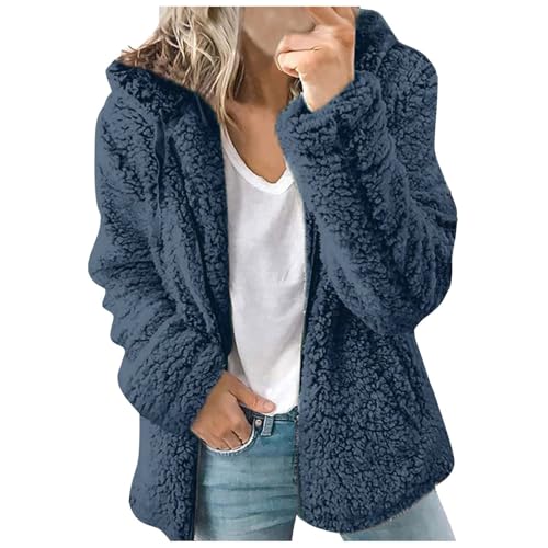 Fleecejacke Damen mit Kapuze Winter Warm Super Weich und bequem Flanell Kapuzenpullover Teddyjacke Sweatshirt Reißverschluss Langarm Oberteile Top Frauen Mantel Kapuzenjacke,Blau,XXL von Archedeer
