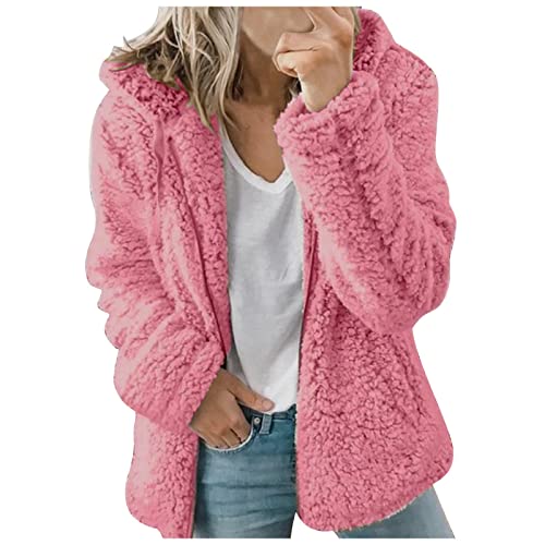 Teddy Fleecejacke Damen mit Kapuze Winter Warm Super Weich und bequem Flanell Kapuzenpullover Teddyjacke Sweatshirt Reißverschluss Langarm Oberteile Top Frauen Mantel Kapuzenjacke (Hot Pink, M) von Archedeer