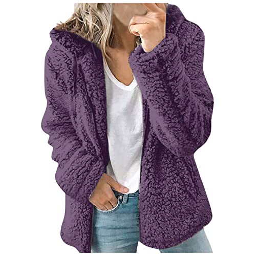 Teddy Fleecejacke Damen mit Kapuze Winter Warm Super Weich und bequem Flanell Kapuzenpullover Teddyjacke Sweatshirt Reißverschluss Langarm Oberteile Top Frauen Mantel Kapuzenjacke (Purple, XXL) von Archedeer