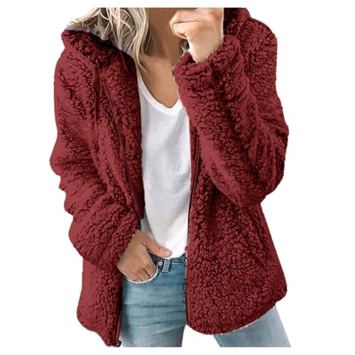 Archedeer Fleecejacke Damen mit Kapuze Winter Warm Super Weich und bequem Flanell Kapuzenpullover Teddyjacke Sweatshirt Reißverschluss Langarm Oberteile Top Frauen Mantel Kapuzenjacke,Rot,XXL von Archedeer