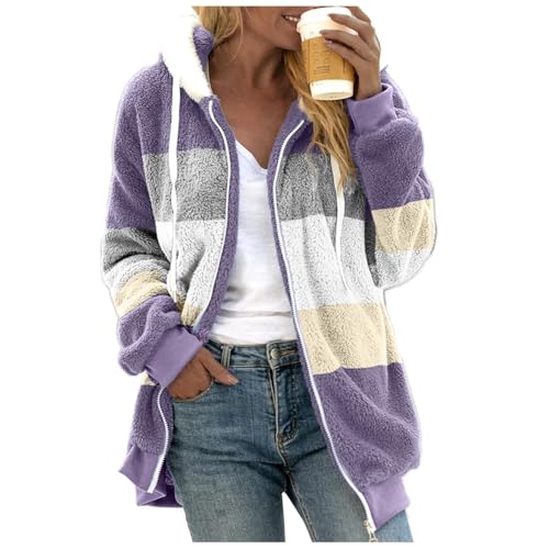 Archedeer Fleecejacke Damen mit Kapuze Winter Warm Super Weich und bequem Flanell Kapuzenpullover Teddyjacke Sweatshirt Reißverschluss Langarm Oberteile Top Frauen Mantel Kapuzenjacke,02Lila,XXL von Archedeer