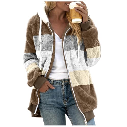 Archedeer Fleecejacke Damen mit Kapuze Winter Warm Super Weich und bequem Flanell Kapuzenpullover Teddyjacke Sweatshirt Reißverschluss Langarm Oberteile Top Frauen Mantel Kapuzenjacke,02Khaki,M von Archedeer