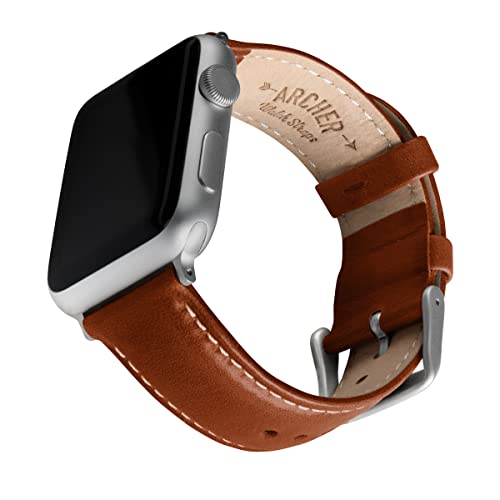 Archer Watch Straps - Uhrenarmbänder aus Hochwertigem Genarbtem Leder für Apple Watch (Cognac/Naturweißes Garn, Silber, 38/40/41mm) von Archer Watch Straps