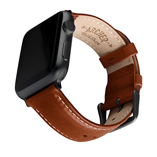 Archer Watch Straps - Uhrenarmbänder aus Hochwertigem Genarbtem Leder für Apple Watch (Cognac/Naturweißes Garn, Space Grau, 38/40/41mm) von Archer Watch Straps