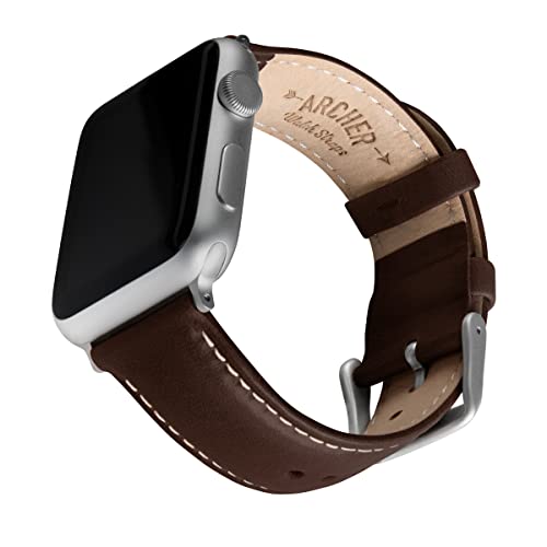 Archer Watch Straps - Uhrenarmbänder aus Hochwertigem Genarbtem Leder für Apple Watch (Dunkle Kastanie/Naturweißes Garn, Silber, 38/40/41mm) von Archer Watch Straps